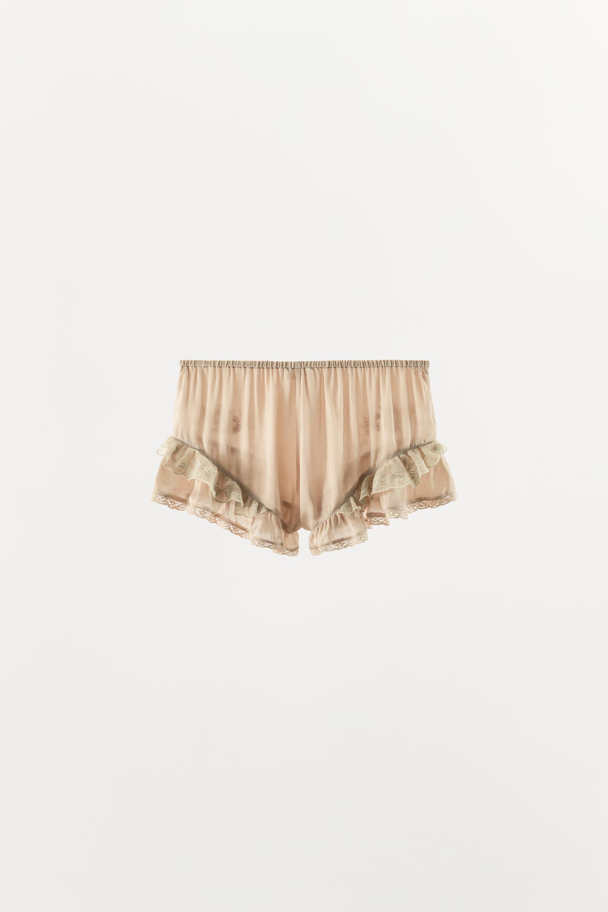 SATIN FINISH BEADED RUFFLE SHORTS